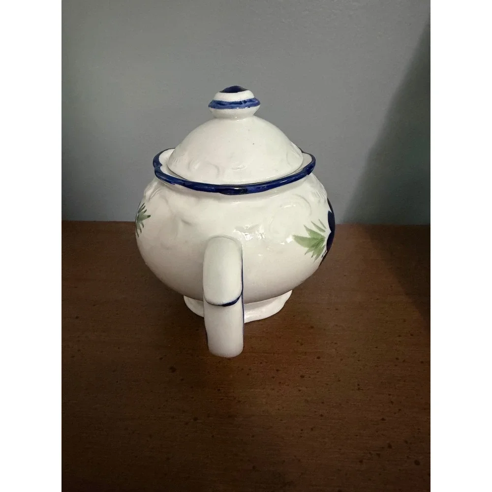 Vintage White Ceramic Teapot Blue Floral Hand Painted Cottagecore Tea Pot Lid